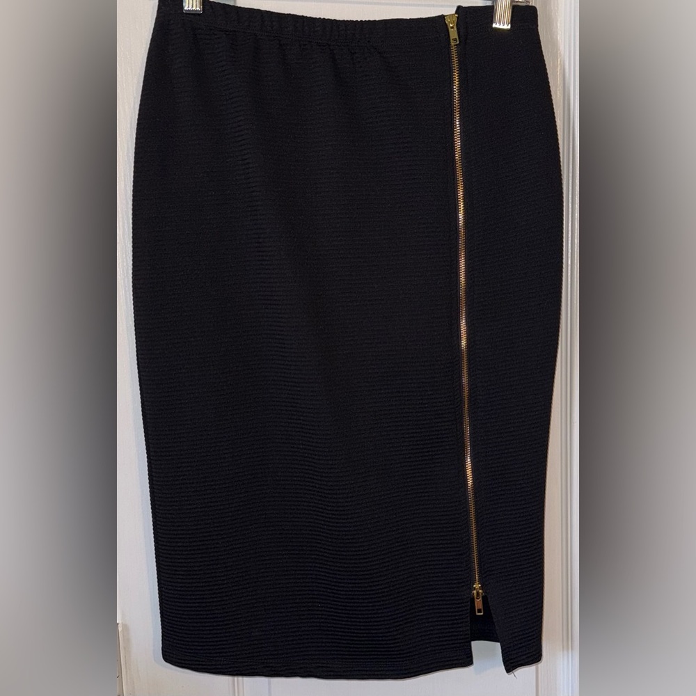 Ultra Teeze Black Ribbed Pencil Midi Skirt Gold Zipper Size M